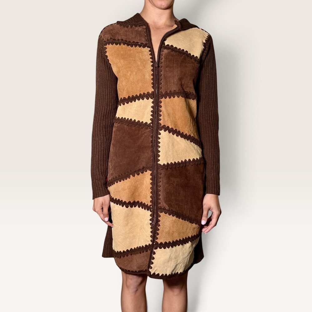 Misdemeanor Vintage Suede Patchwork Hooded Midi Dress Brown Medium EUC Boho Y2K - Picture 3 of 9